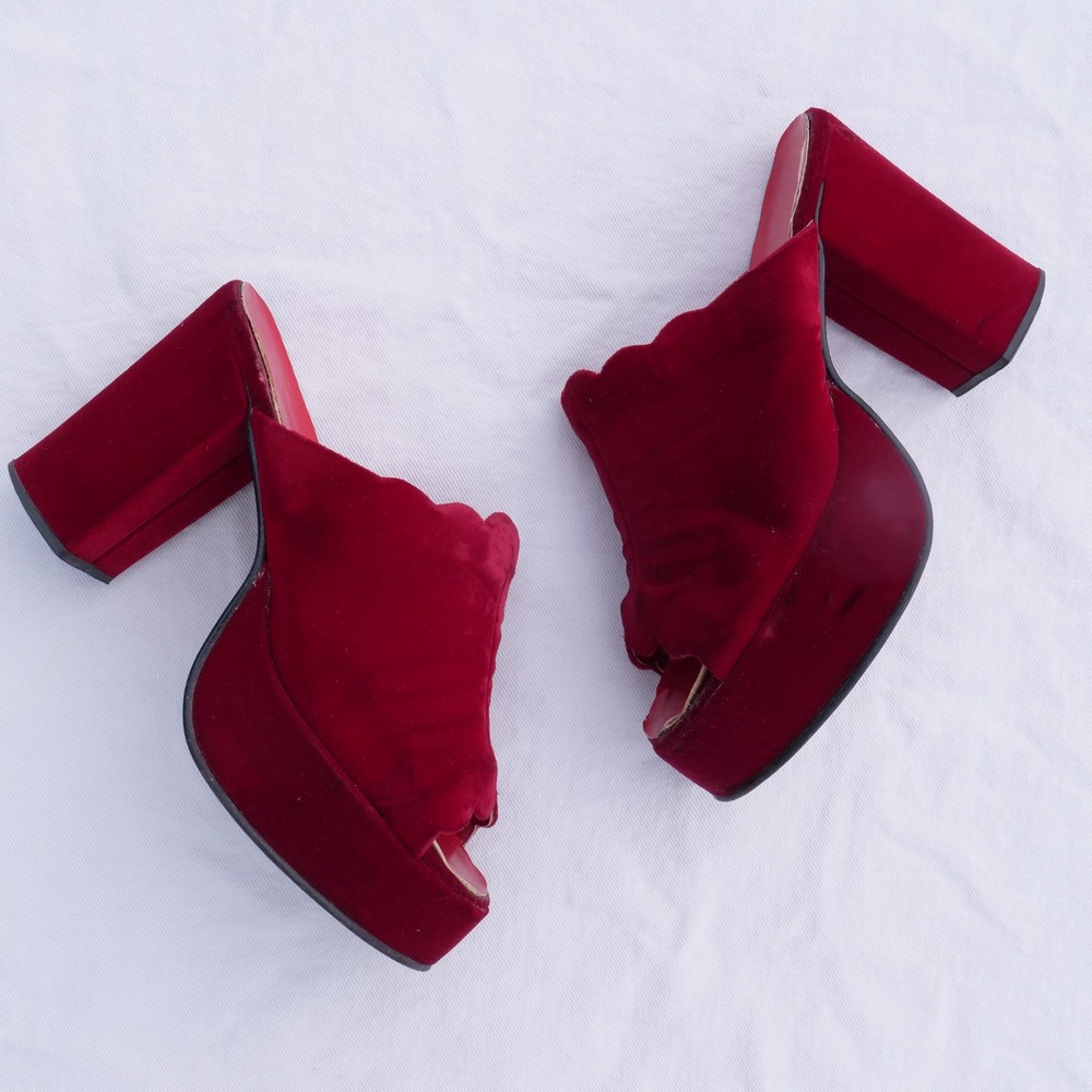 True vintage 1970s Montgomery Ward red velvet open toe platforms mules